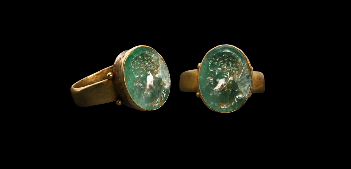 Roman Gold Ring with Emerald Portrait of Young Marcus Aurelius